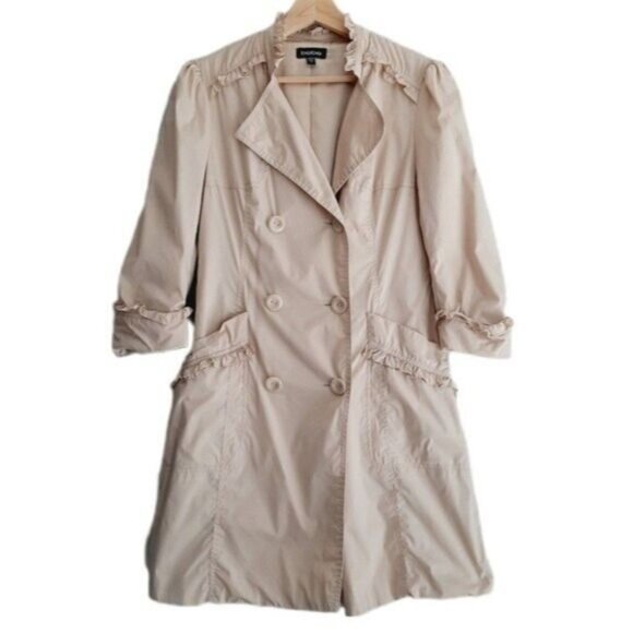 BEBE Light Short Coat Jacket w Ruffle Details Beige Sz S Flawed - Picture 1 of 15